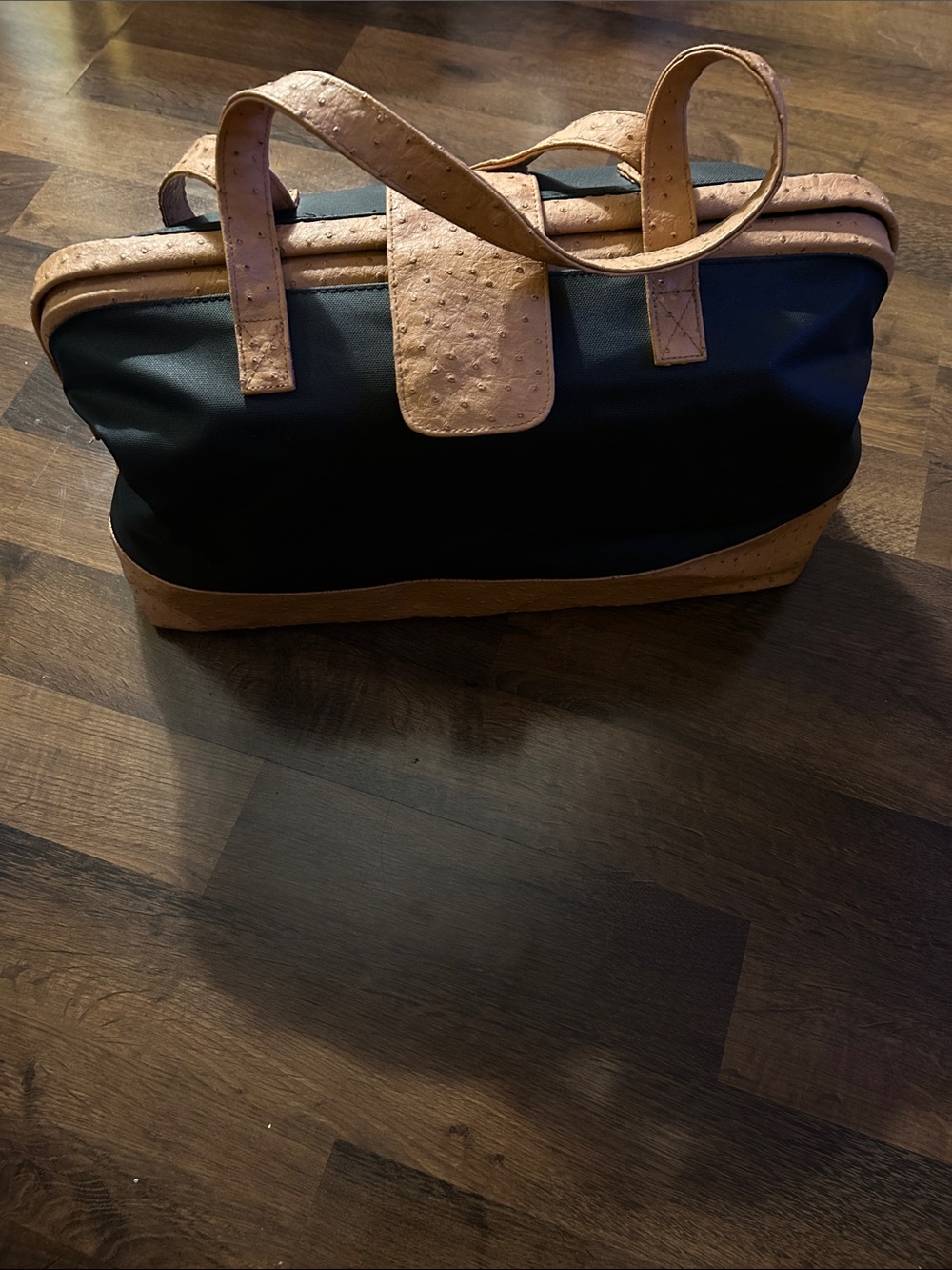 Men's Black Tote Bag with Tan Trim. Length 19 inches. Height 13 inches.
